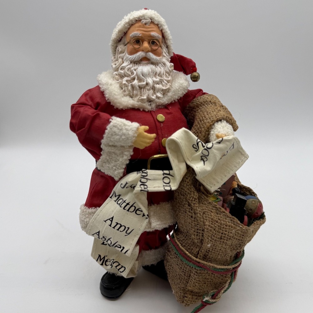 VTG CBK Ltd 90s Santa Claus Figurine Burlap Toy Sack and Names List Christmas